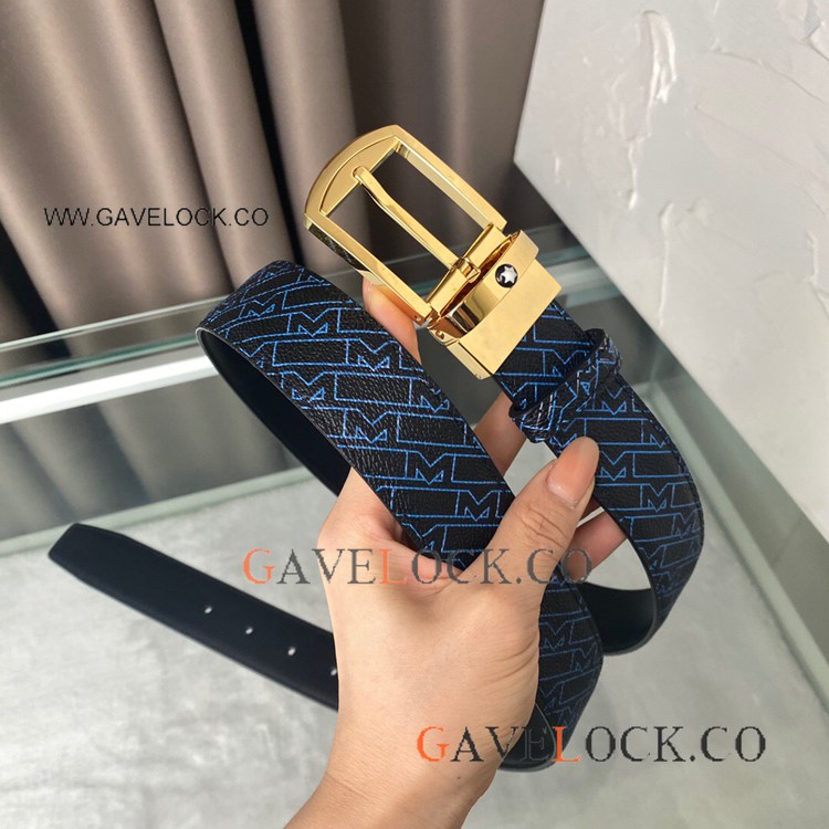 Copy Mont blanc Gold Buckle Blue Printed Belts